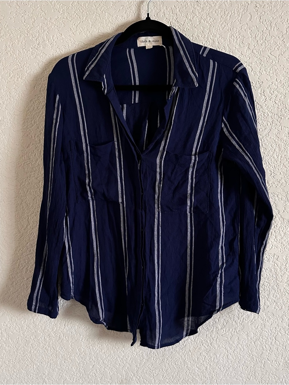 cloth & stone Striped Button-Down Shirt Sheer Top in Blue & White XS *Flawed